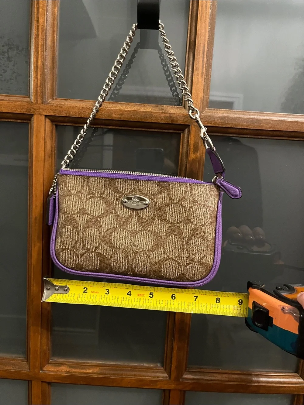 Coach Brown Signature Canvas Wristlet with Purple Trim